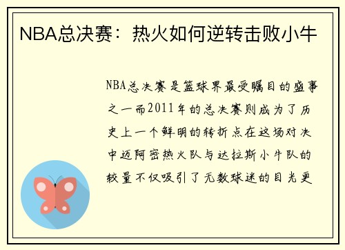 NBA总决赛：热火如何逆转击败小牛