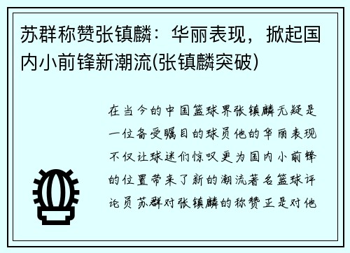 苏群称赞张镇麟：华丽表现，掀起国内小前锋新潮流(张镇麟突破)